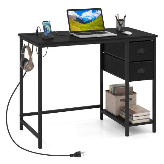 Computer Desk with Charging Station and 2 Fabric Drawers for Small Spaces-Rustic Brown W2B