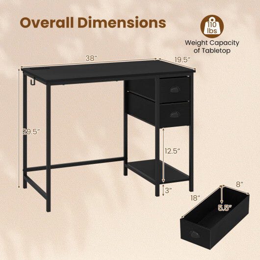 Computer Desk with Charging Station and 2 Fabric Drawers for Small Spaces-Rustic Brown W2B