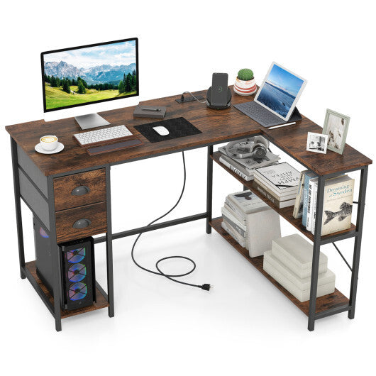 L Shaped Desk with Charging Station Corner Computer Desk with 2 Fabric Drawers-Rustic Brown W2B