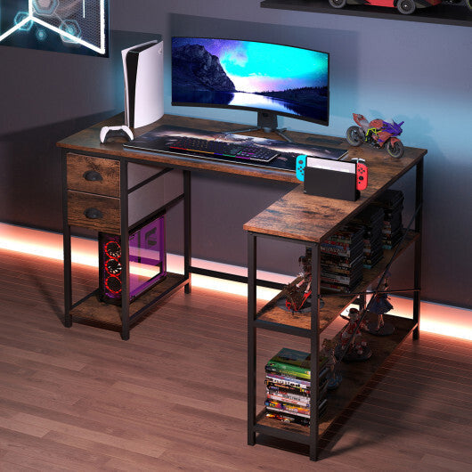 L Shaped Desk with Charging Station Corner Computer Desk with 2 Fabric Drawers-Rustic Brown W2B