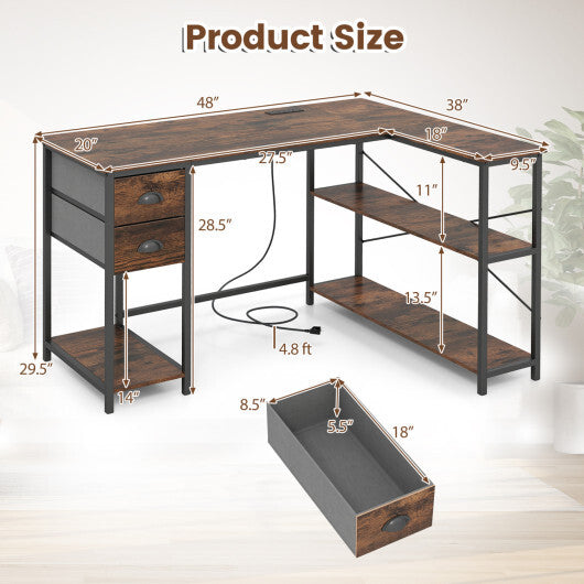 L Shaped Desk with Charging Station Corner Computer Desk with 2 Fabric Drawers-Rustic Brown W2B
