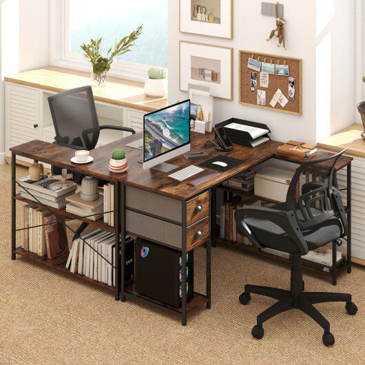 L Shaped Desk with Charging Station Corner Computer Desk with 2 Fabric Drawers-Rustic Brown W2B