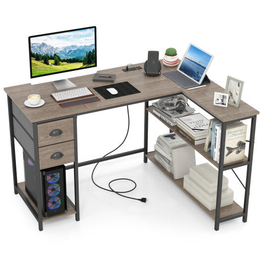 L Shaped Desk with Charging Station Corner Computer Desk with 2 Fabric Drawers-Rustic Brown W2B