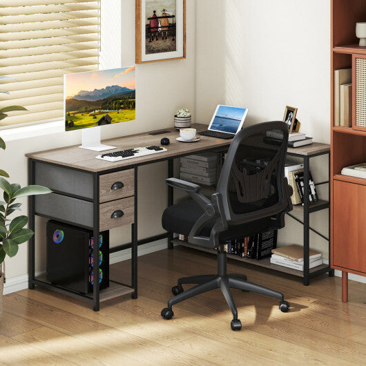 L Shaped Desk with Charging Station Corner Computer Desk with 2 Fabric Drawers-Rustic Brown W2B