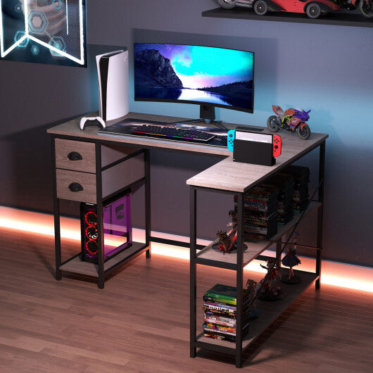 L Shaped Desk with Charging Station Corner Computer Desk with 2 Fabric Drawers-Rustic Brown W2B