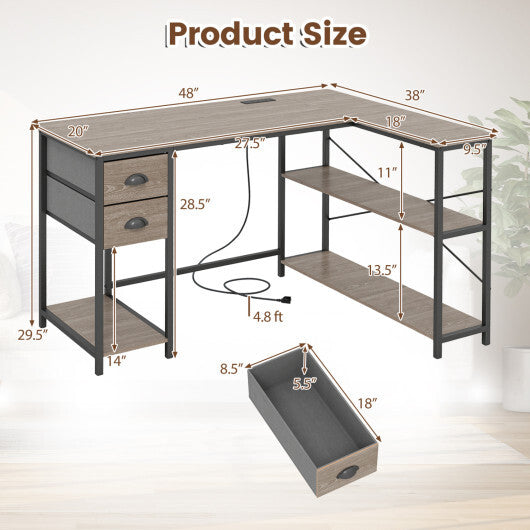 L Shaped Desk with Charging Station Corner Computer Desk with 2 Fabric Drawers-Rustic Brown W2B