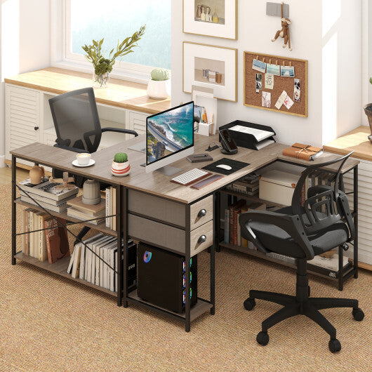 L Shaped Desk with Charging Station Corner Computer Desk with 2 Fabric Drawers-Rustic Brown W2B