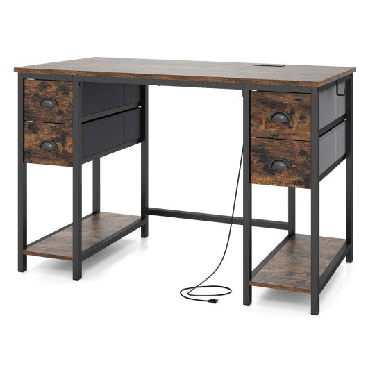 48 Inches Computer Desk with Power Outlet Home Office Desk with 4 Fabric Drawers-Brown W2B