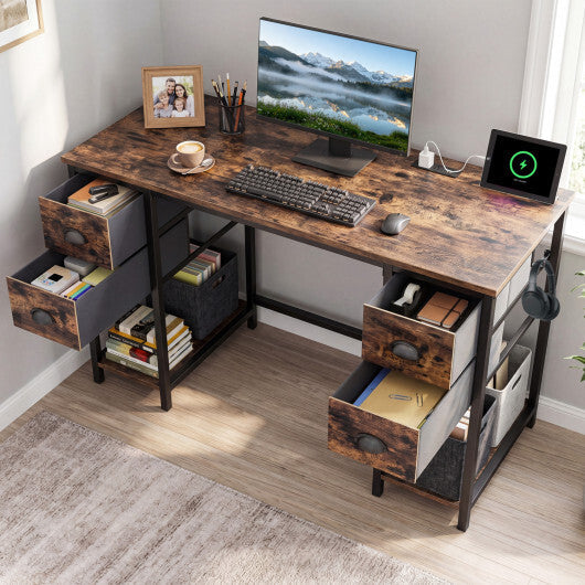 48 Inches Computer Desk with Power Outlet Home Office Desk with 4 Fabric Drawers-Brown W2B