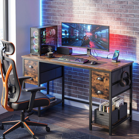 48 Inches Computer Desk with Power Outlet Home Office Desk with 4 Fabric Drawers-Brown W2B