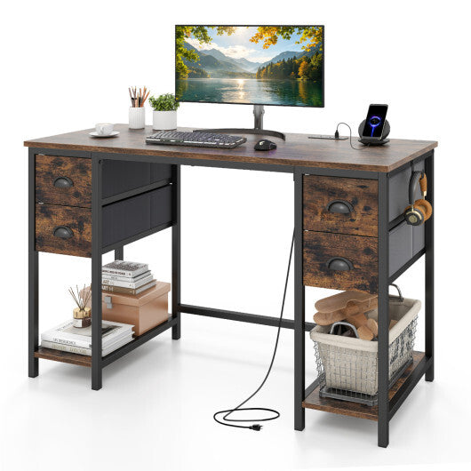 48 Inches Computer Desk with Power Outlet Home Office Desk with 4 Fabric Drawers-Brown W2B