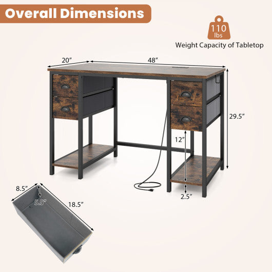48 Inches Computer Desk with Power Outlet Home Office Desk with 4 Fabric Drawers-Brown W2B