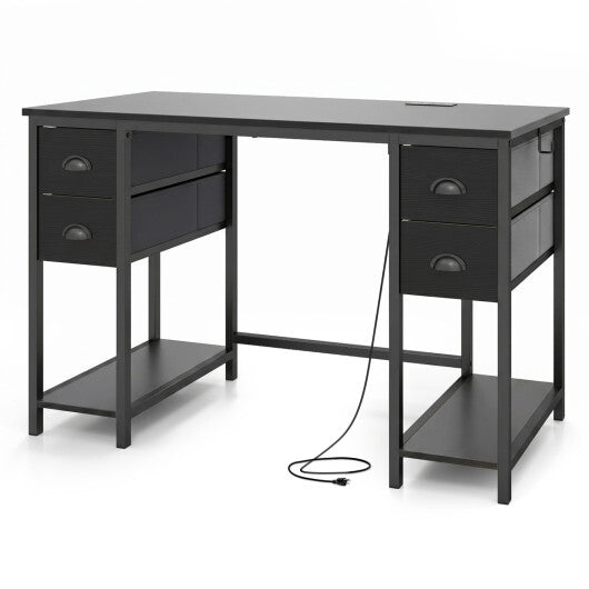 48 Inches Computer Desk with Power Outlet Home Office Desk with 4 Fabric Drawers-Brown W2B