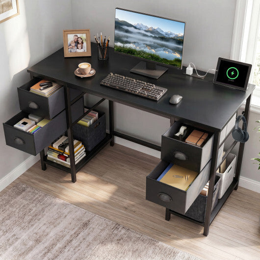 48 Inches Computer Desk with Power Outlet Home Office Desk with 4 Fabric Drawers-Brown W2B