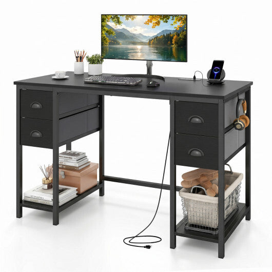 48 Inches Computer Desk with Power Outlet Home Office Desk with 4 Fabric Drawers-Brown W2B