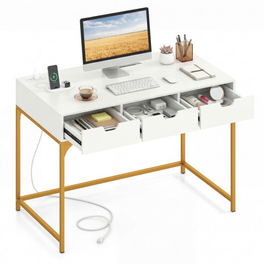 Office Desk with Power Outlets and Hidden Compartment for Study-White W2B