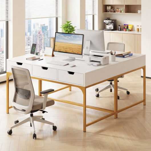 Office Desk with Power Outlets and Hidden Compartment for Study-White W2B