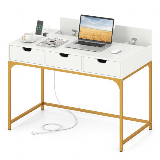 Office Desk with Power Outlets and Hidden Compartment for Study-White W2B