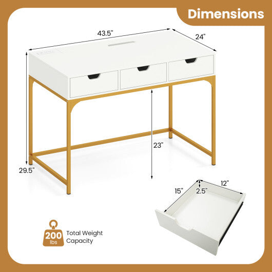 Office Desk with Power Outlets and Hidden Compartment for Study-White W2B