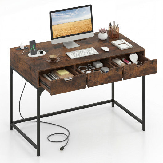 Office Desk with Power Outlets and Hidden Compartment for Study-White W2B