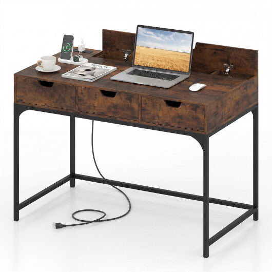 Office Desk with Power Outlets and Hidden Compartment for Study-White W2B