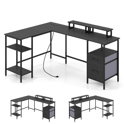 L Shaped Desk with Power Outlet Reversible Computer Desk with Monitor Stands-Black W2B