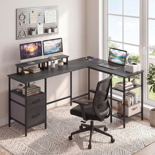 L Shaped Desk with Power Outlet Reversible Computer Desk with Monitor Stands-Black W2B
