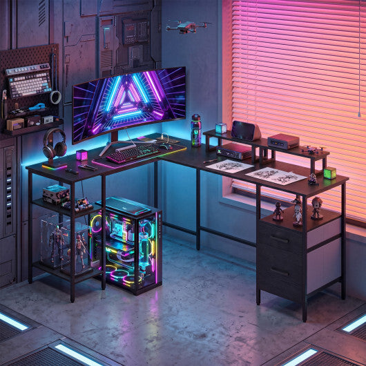 L Shaped Desk with Power Outlet Reversible Computer Desk with Monitor Stands-Black W2B