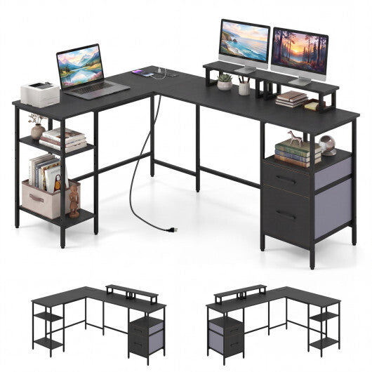 L Shaped Desk with Power Outlet Reversible Computer Desk with Monitor Stands-Black W2B