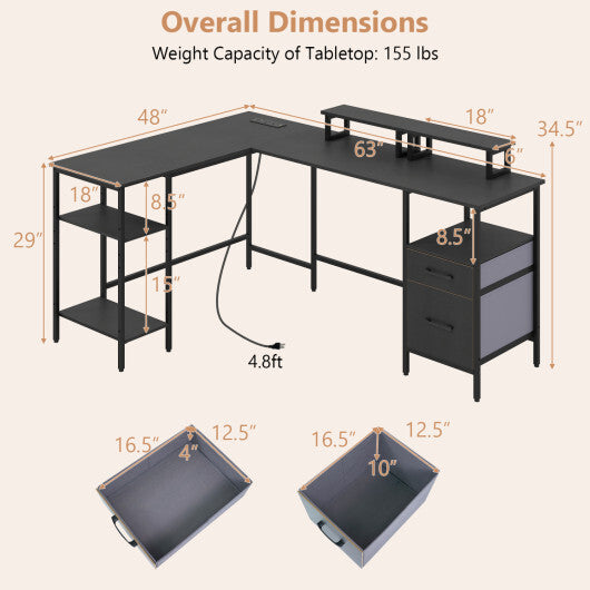 L Shaped Desk with Power Outlet Reversible Computer Desk with Monitor Stands-Black W2B