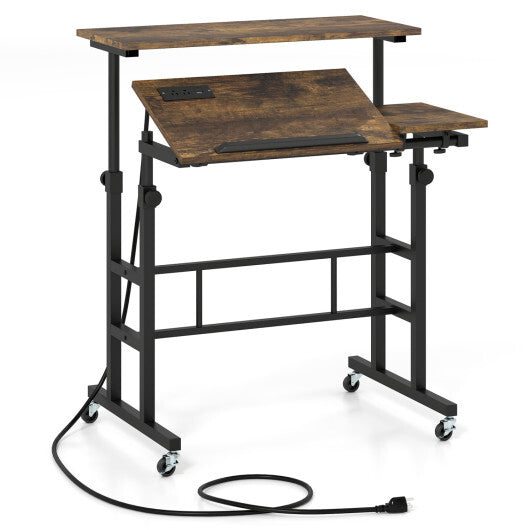 Height Adjustable Mobile Standing Desk with Power Outlets and Portable Rolling Laptop Cart on Wheels-Rustic Brown W2B