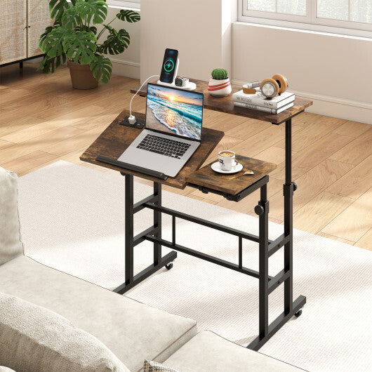 Height Adjustable Mobile Standing Desk with Power Outlets and Portable Rolling Laptop Cart on Wheels-Rustic Brown W2B