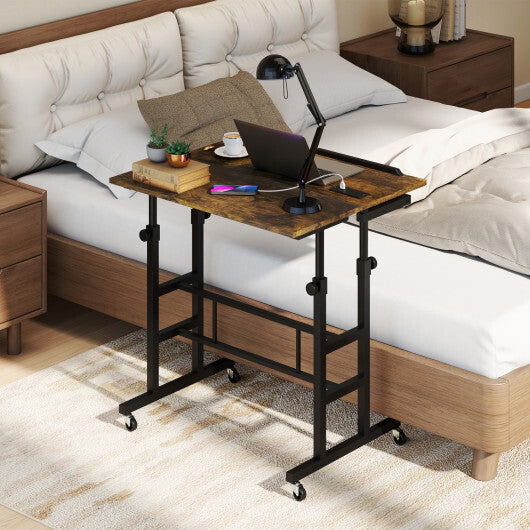 Height Adjustable Mobile Standing Desk with Power Outlets and Portable Rolling Laptop Cart on Wheels-Rustic Brown W2B