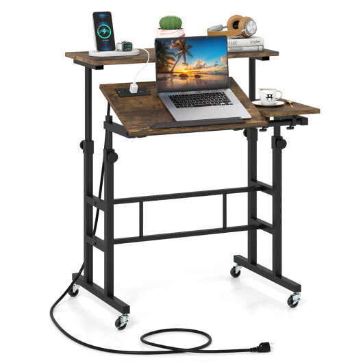 Height Adjustable Mobile Standing Desk with Power Outlets and Portable Rolling Laptop Cart on Wheels-Rustic Brown W2B