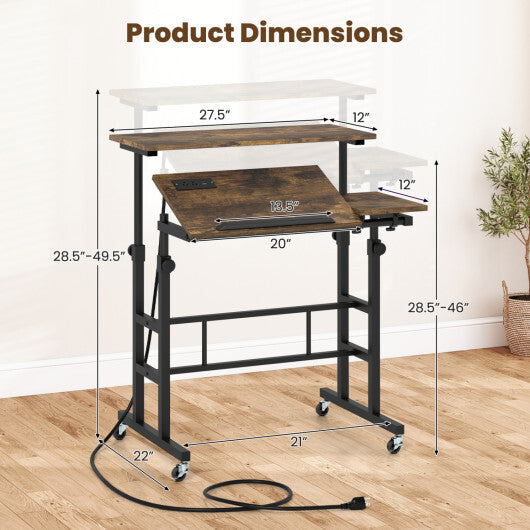 Height Adjustable Mobile Standing Desk with Power Outlets and Portable Rolling Laptop Cart on Wheels-Rustic Brown W2B