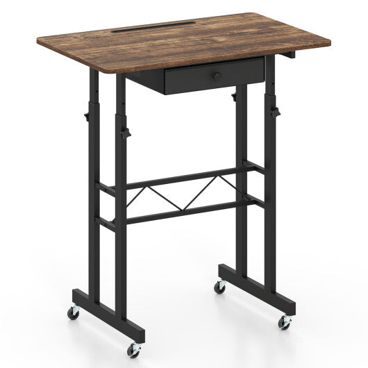 Height Adjustable Laptop Desk with Fabric Drawer Tablet Holder and Lockable Wheels-Rustic Brown W2B