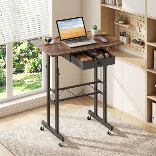 Height Adjustable Laptop Desk with Fabric Drawer Tablet Holder and Lockable Wheels-Rustic Brown W2B