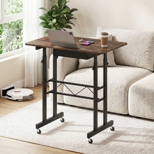Height Adjustable Laptop Desk with Fabric Drawer Tablet Holder and Lockable Wheels-Rustic Brown W2B