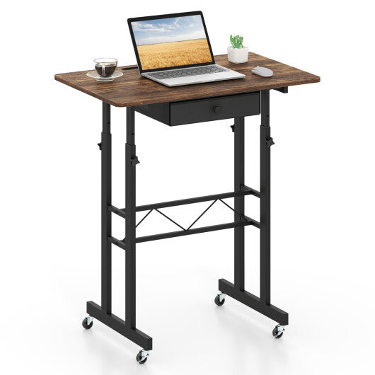 Height Adjustable Laptop Desk with Fabric Drawer Tablet Holder and Lockable Wheels-Rustic Brown W2B