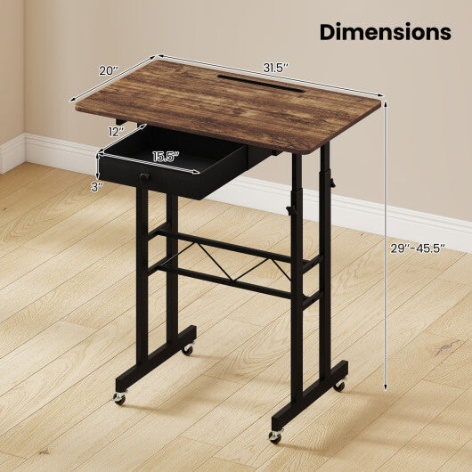 Height Adjustable Laptop Desk with Fabric Drawer Tablet Holder and Lockable Wheels-Rustic Brown W2B