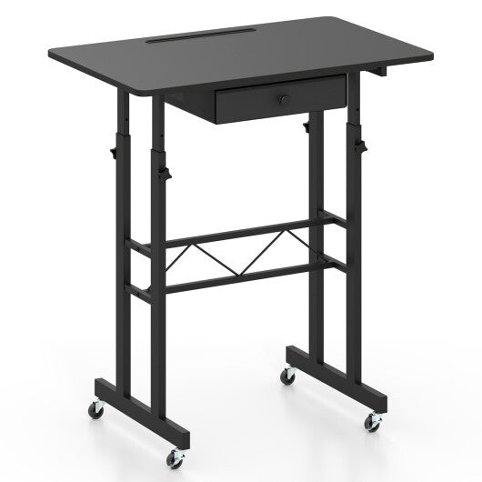 Height Adjustable Laptop Desk with Fabric Drawer Tablet Holder and Lockable Wheels-Rustic Brown W2B