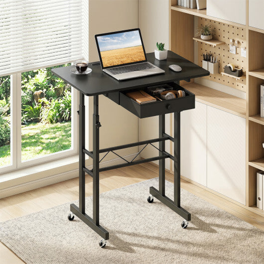 Height Adjustable Laptop Desk with Fabric Drawer Tablet Holder and Lockable Wheels-Rustic Brown W2B