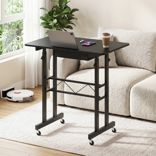 Height Adjustable Laptop Desk with Fabric Drawer Tablet Holder and Lockable Wheels-Rustic Brown W2B
