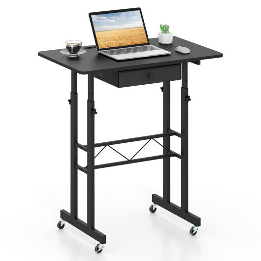 Height Adjustable Laptop Desk with Fabric Drawer Tablet Holder and Lockable Wheels-Rustic Brown W2B