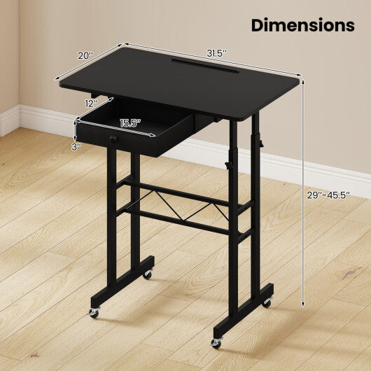 Height Adjustable Laptop Desk with Fabric Drawer Tablet Holder and Lockable Wheels-Rustic Brown W2B