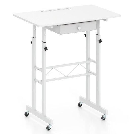 Height Adjustable Laptop Desk with Fabric Drawer Tablet Holder and Lockable Wheels-Rustic Brown W2B