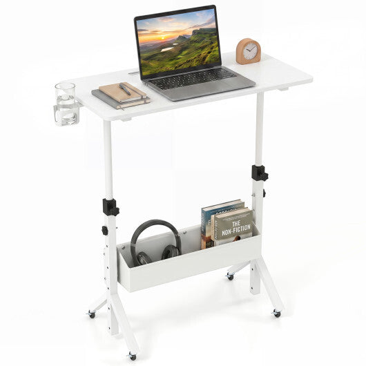 Mobile Standing Desk Height Adjustable Rolling Laptop Desk with Cup Holder Storage Basket-White W2B