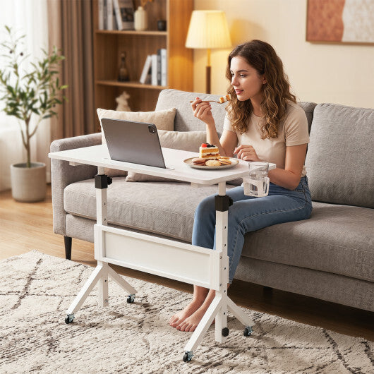 Mobile Standing Desk Height Adjustable Rolling Laptop Desk with Cup Holder Storage Basket-White W2B