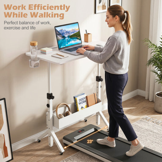 Mobile Standing Desk Height Adjustable Rolling Laptop Desk with Cup Holder Storage Basket-White W2B