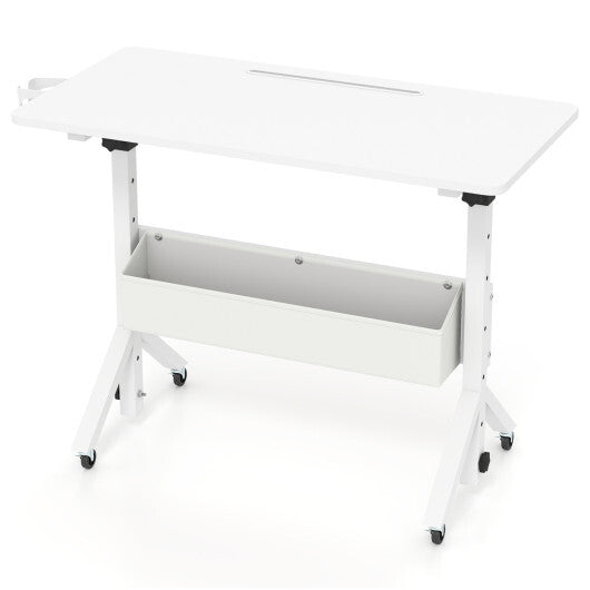 Mobile Standing Desk Height Adjustable Rolling Laptop Desk with Cup Holder Storage Basket-White W2B